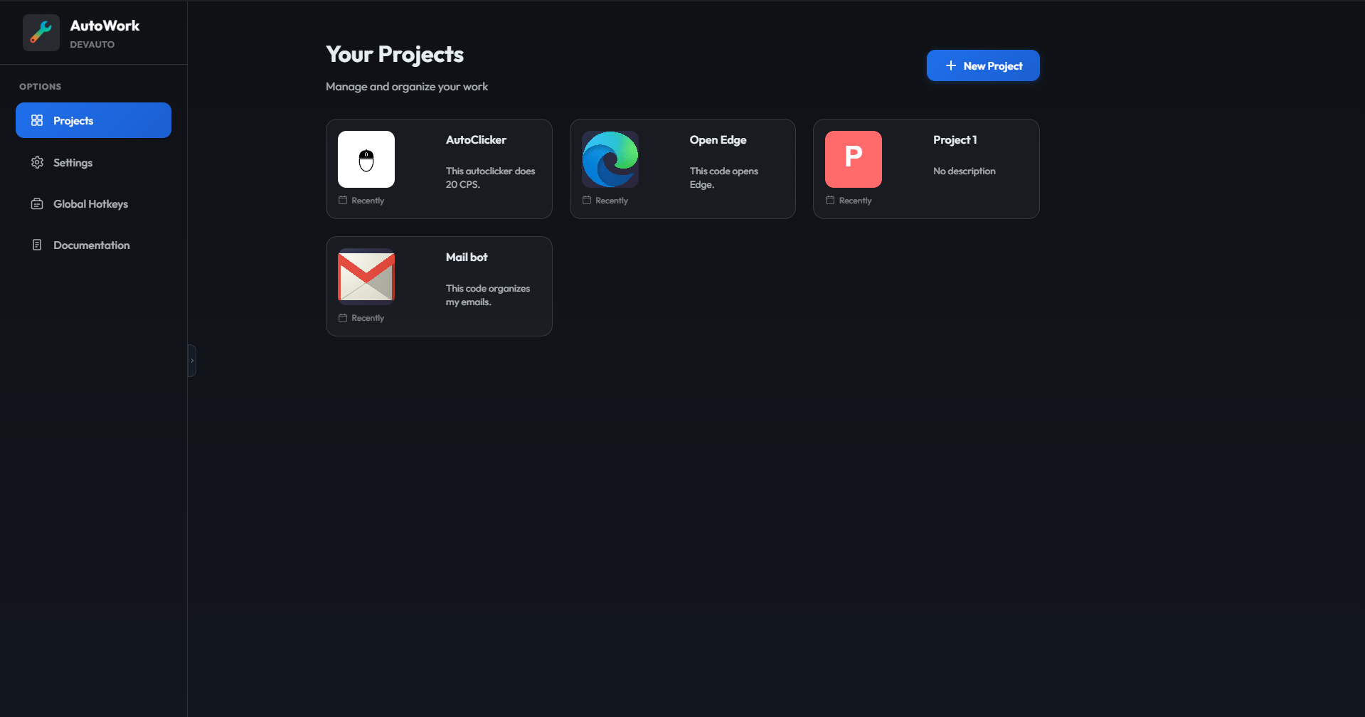 AutoWork home. project list