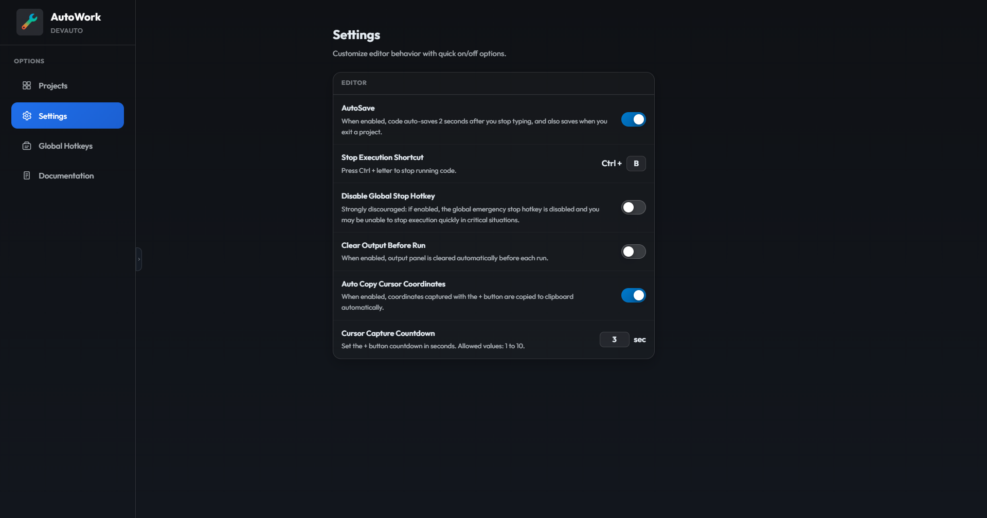 AutoWork settings panel