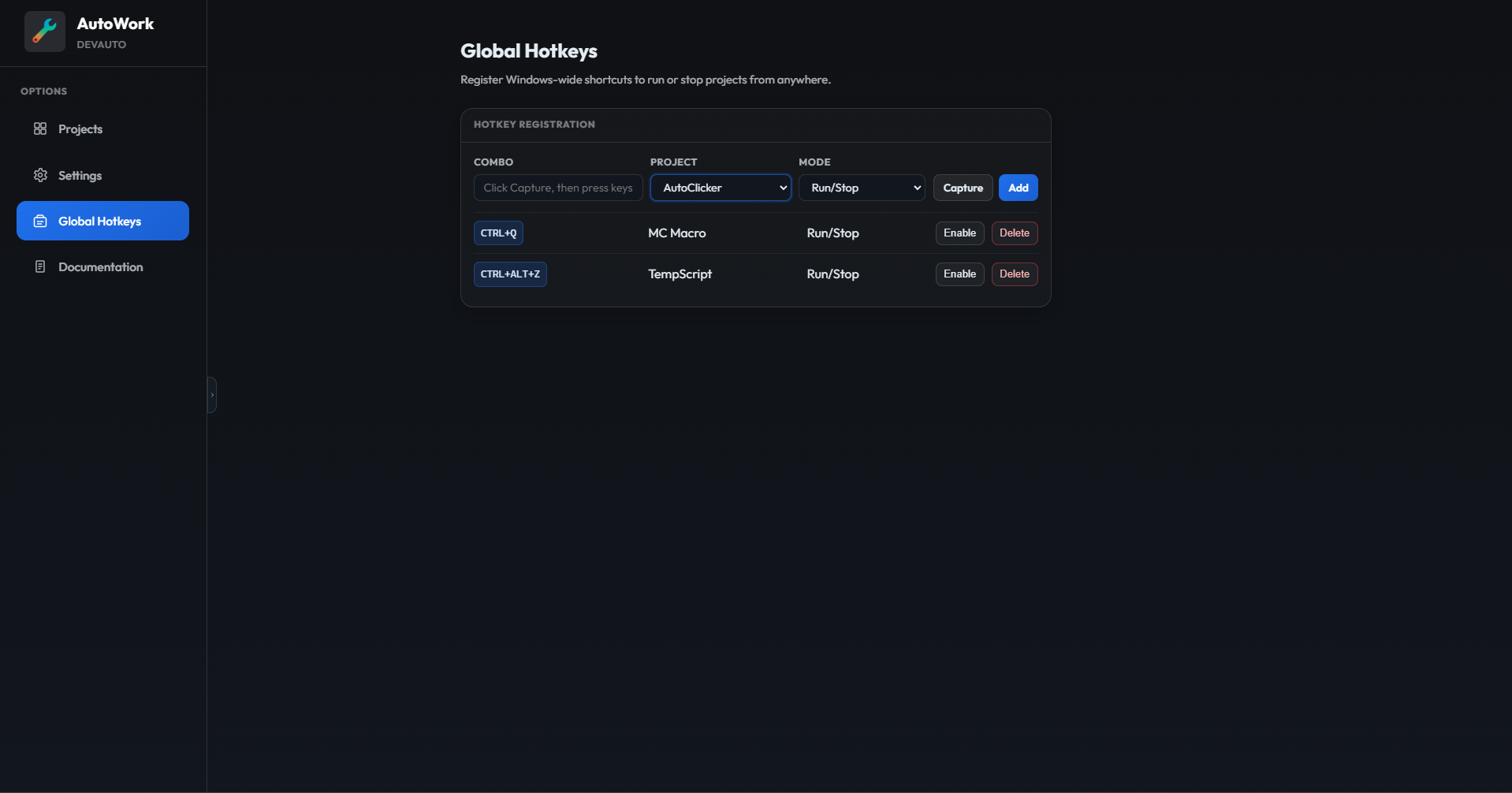 AutoWork global hotkeys